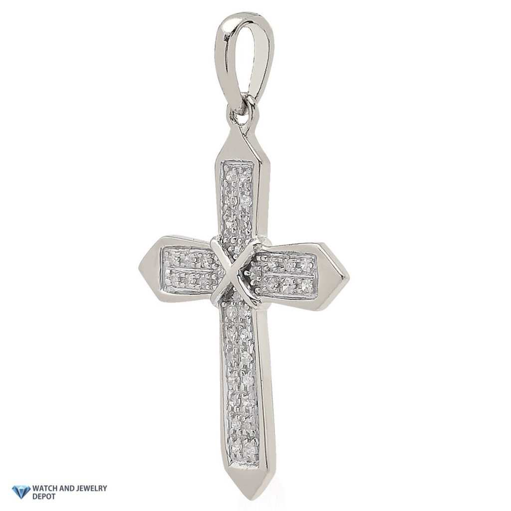 0.10CT Real Diamond Solid 10k White Gold Cross Religious Pendant 1"