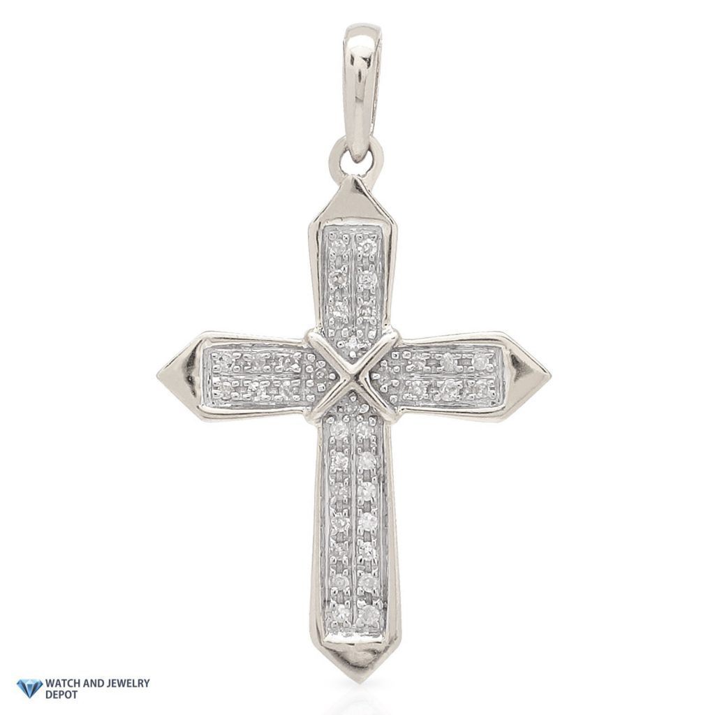 0.10CT Real Diamond Solid 10k White Gold Cross Religious Pendant 1"