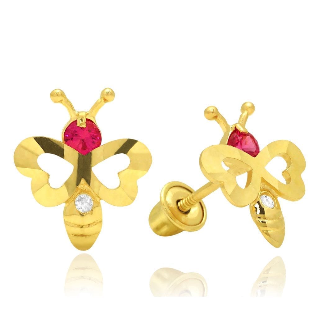 0.10Ct CZ Ruby 14K Yellow Bee Gold Stud Earrings 0.4"
