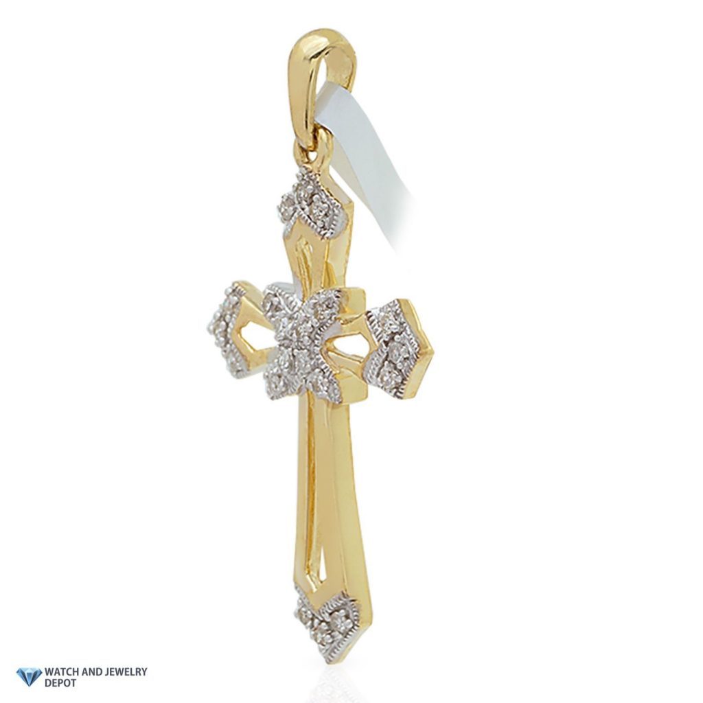 0.17CT Real Diamond 10K Yellow Gold Cross Religious Pendant 1.2"