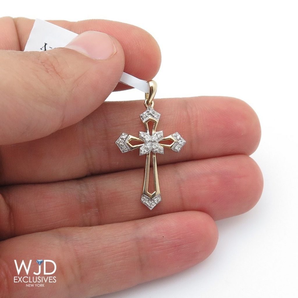 0.17CT Real Diamond 10K Yellow Gold Cross Religious Pendant 1.2"