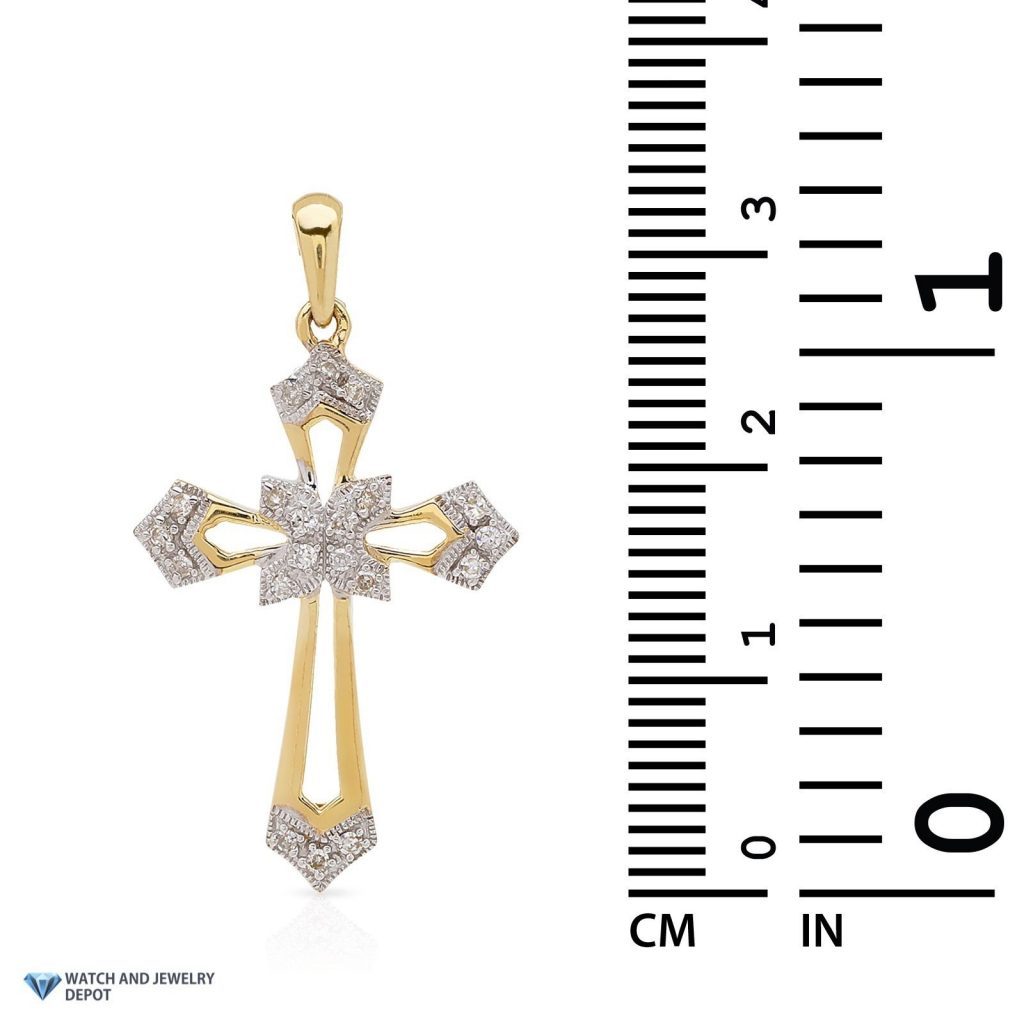 0.17CT Real Diamond 10K Yellow Gold Cross Religious Pendant 1.2"