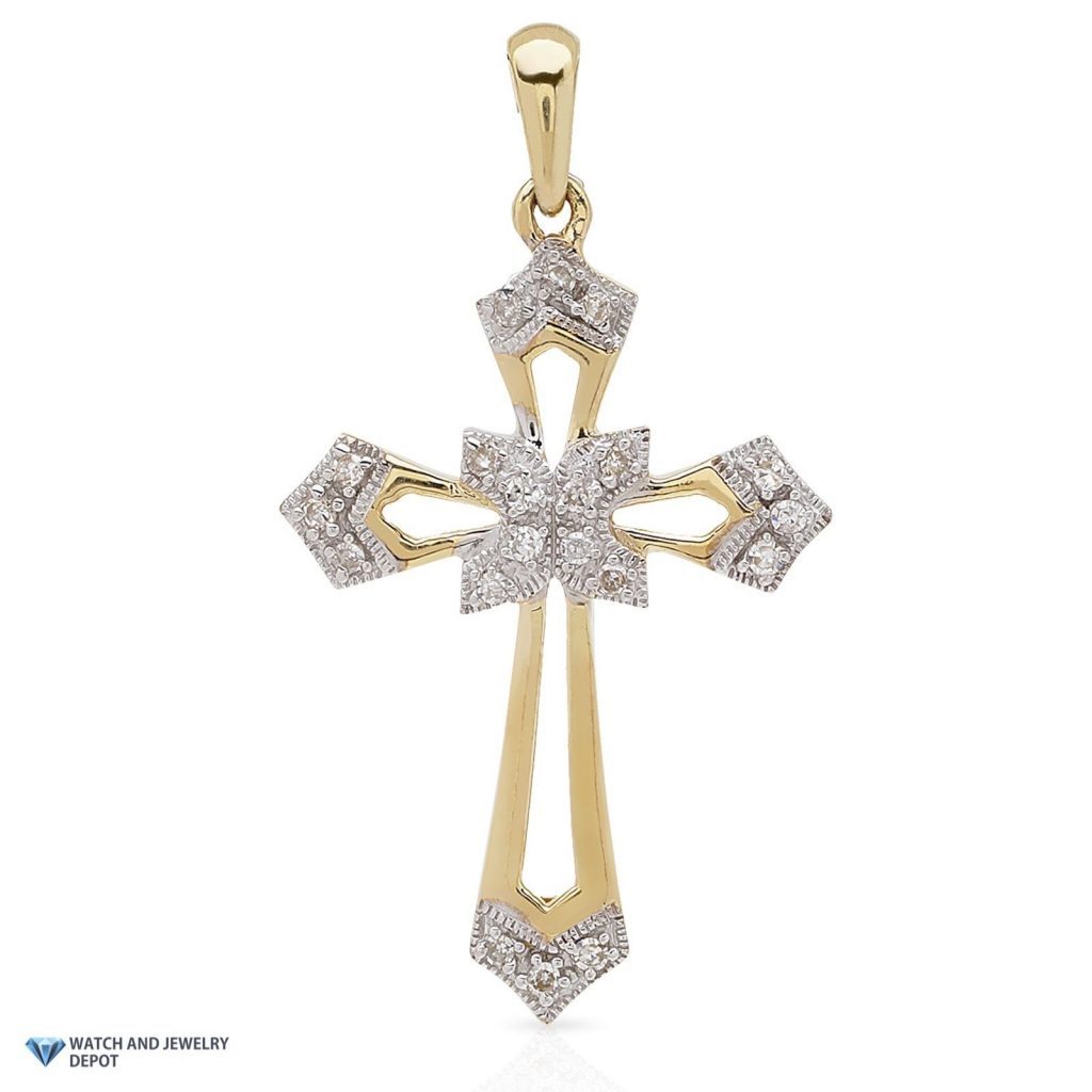0.17CT Real Diamond 10K Yellow Gold Cross Religious Pendant 1.2"