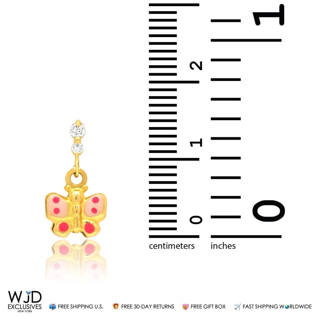 0.20Ct CZ Butterfly Dangle Earrings 14K Yellow Gold 0.6"