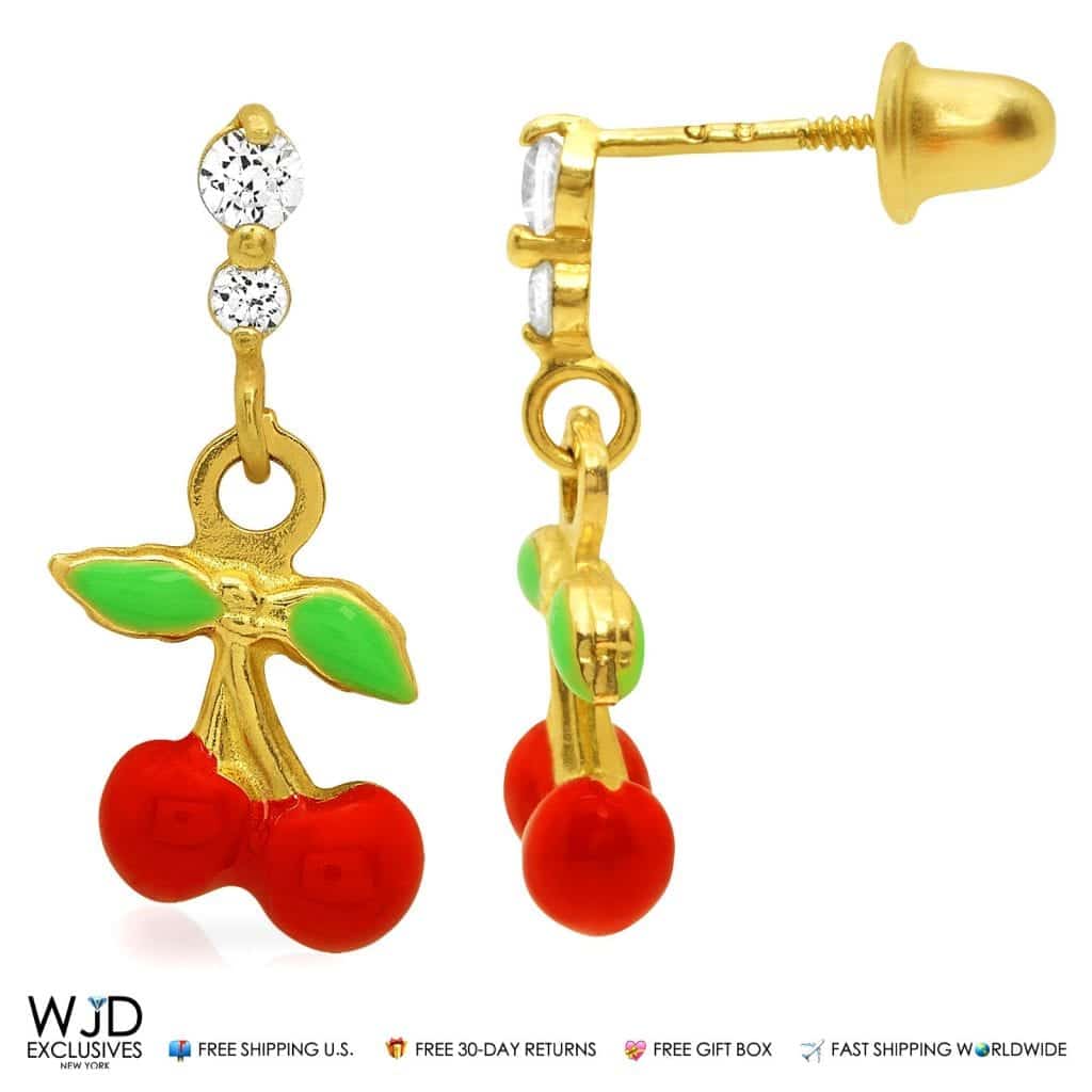 0.20Ct CZ Cherry Dangle Earrings 14K Yellow Gold Screw Back