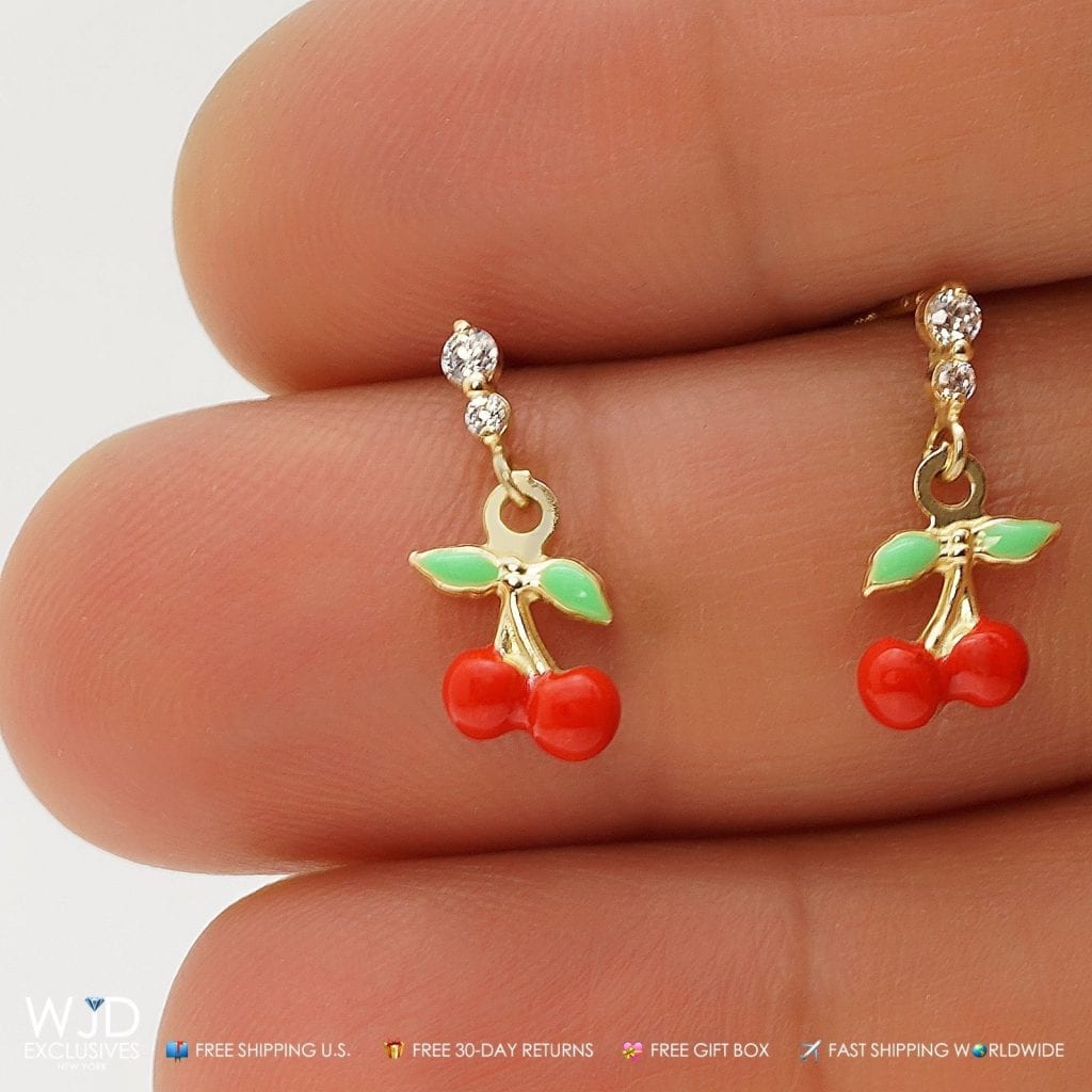 0.20Ct CZ Cherry Dangle Earrings 14K Yellow Gold Screw Back