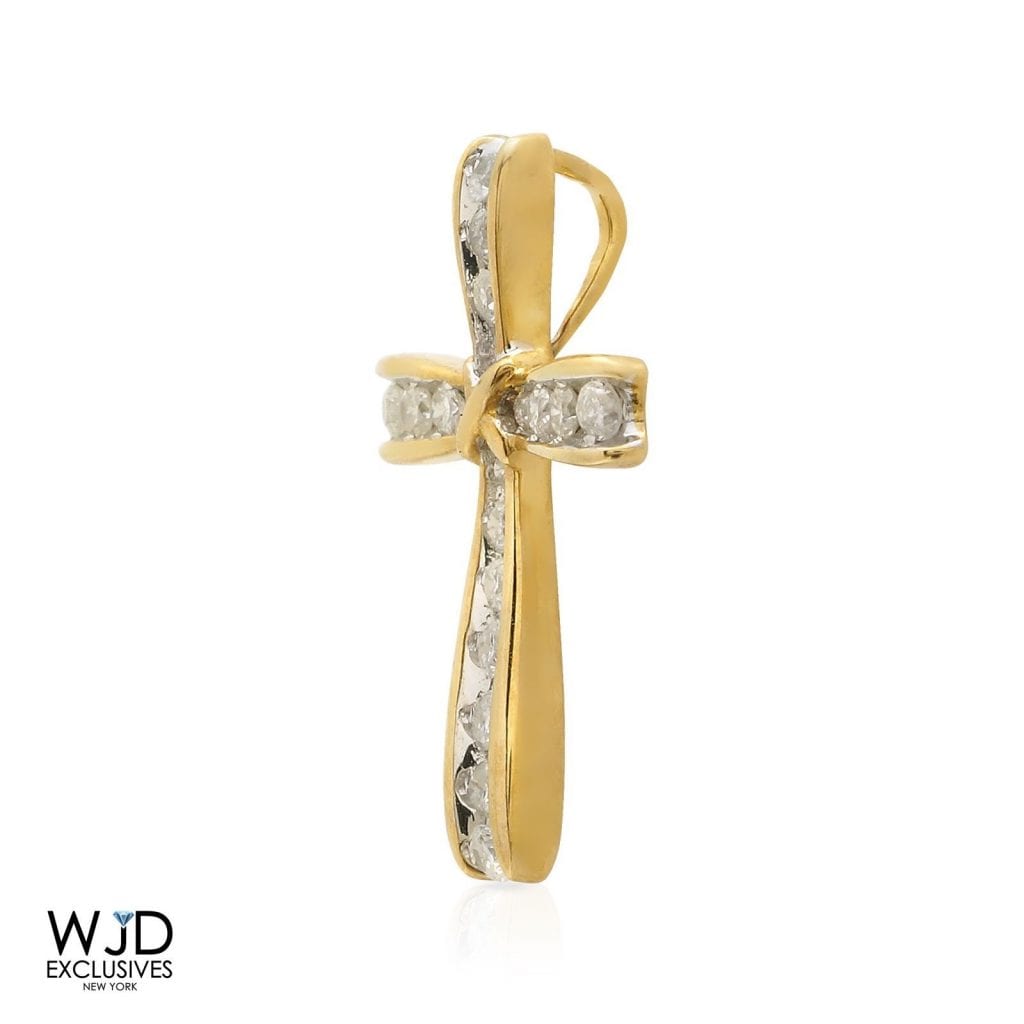 0.25Ct Real Diamond 10k Solid Yellow Gold Religious Cross Pendant 0.7"