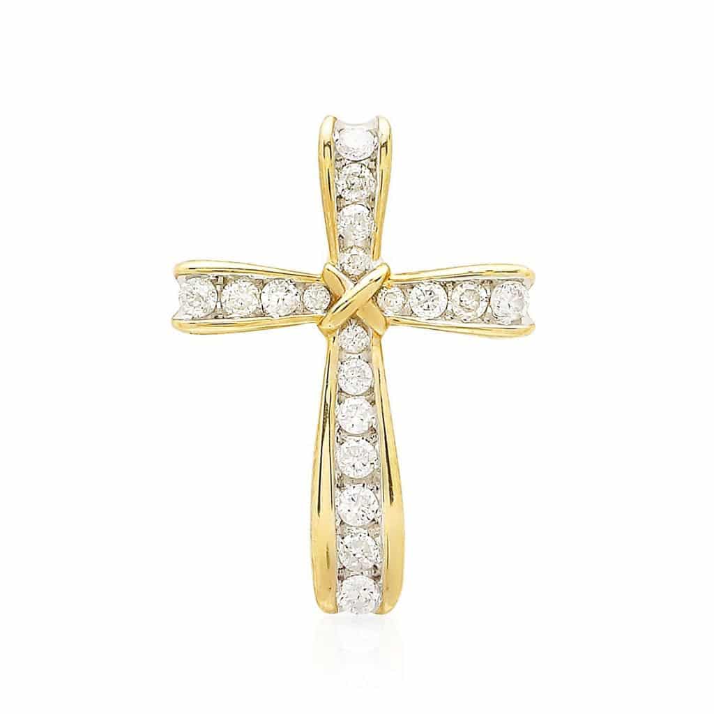 0.25Ct Real Diamond 10k Solid Yellow Gold Religious Cross Pendant 0.7"