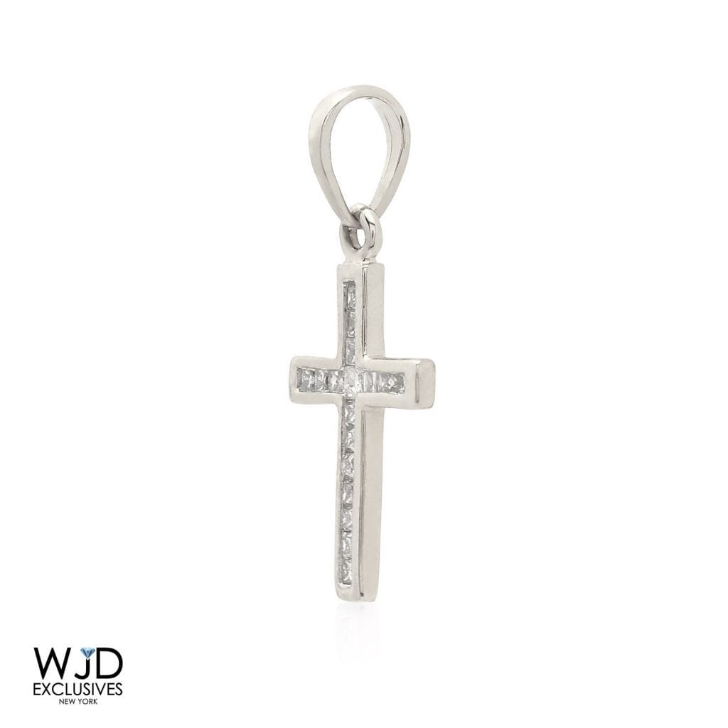 0.30CT Real Diamond Princess Cut 10k White Gold Cross Religious Charm Pendant