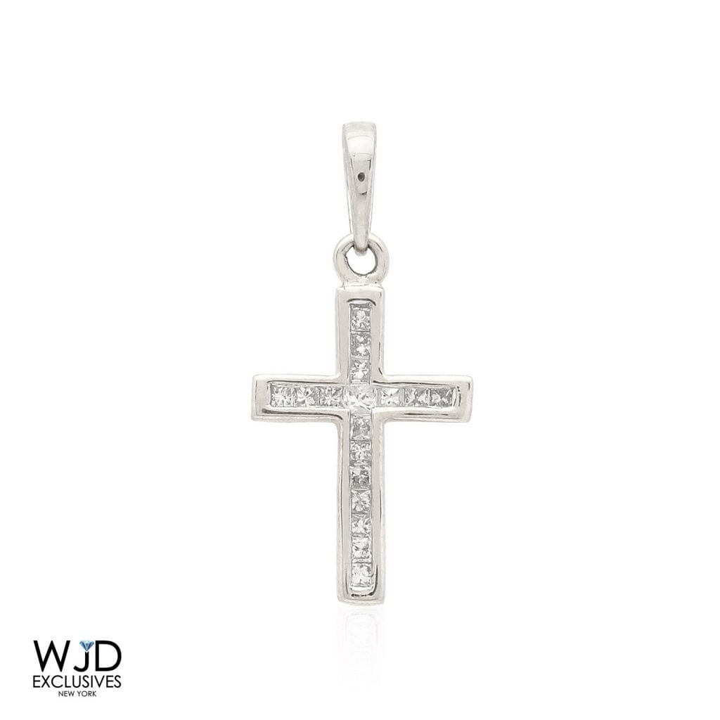 0.30CT Real Diamond Princess Cut 10k White Gold Cross Religious Charm Pendant