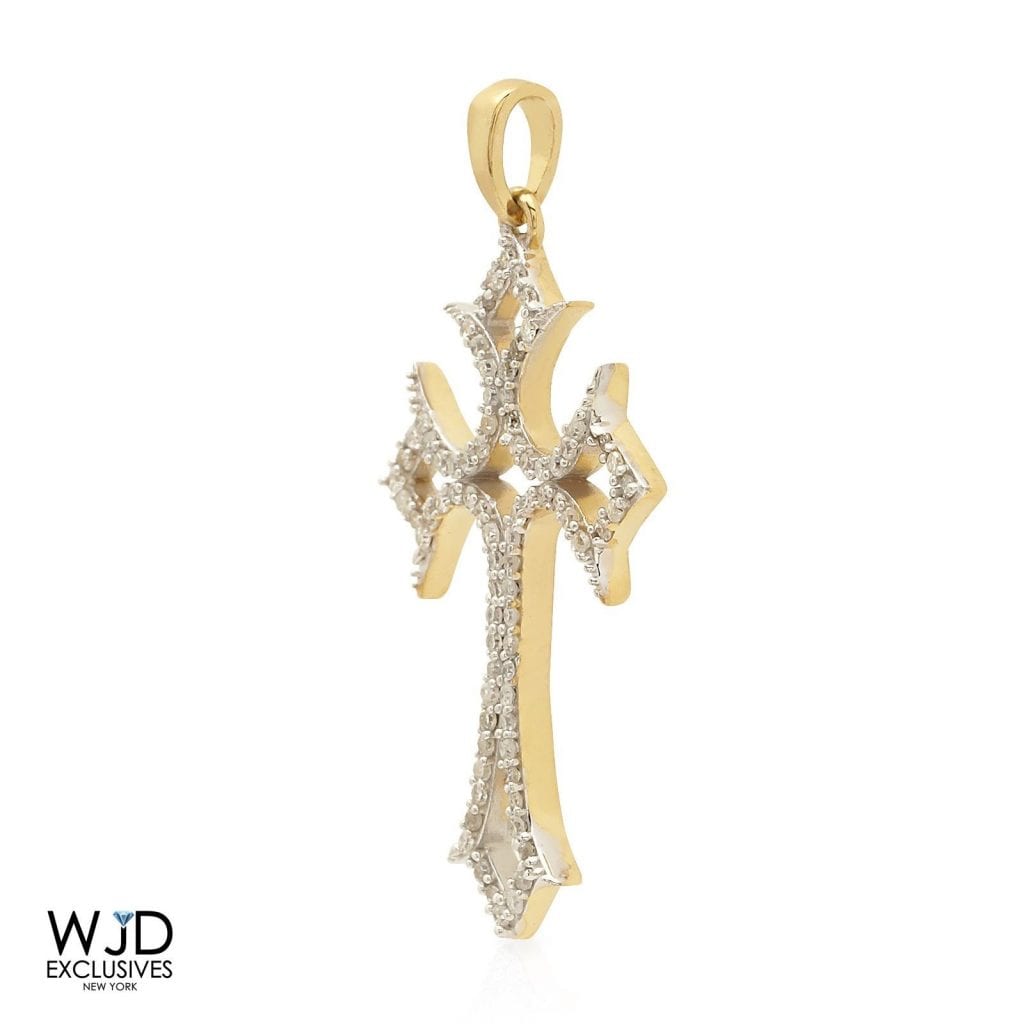 0.30CT Real Diamond Round 10k Solid Gold Cross Religious Charm Pendant Yellow