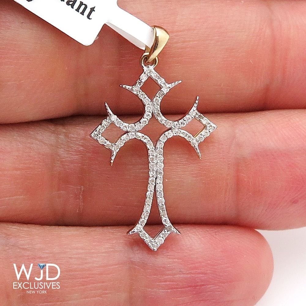 0.30CT Real Diamond Round 10k Solid Gold Cross Religious Charm Pendant Yellow
