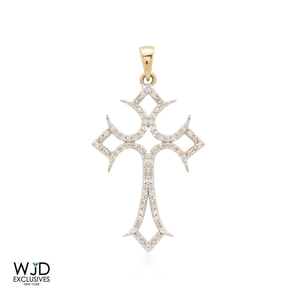 0.30CT Real Diamond Round 10k Solid Gold Cross Religious Charm Pendant Yellow