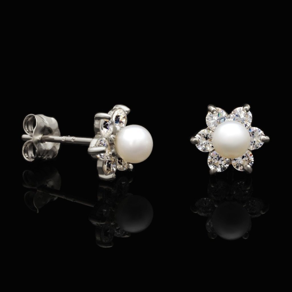 0.30Ct Created Diamond 4mm Cultured Pearl Flower Stud Earrings 14K White Gold