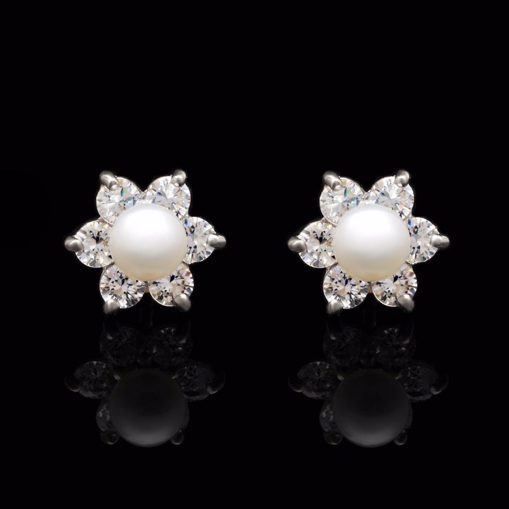 0.30Ct Created Diamond 4mm Cultured Pearl Flower Stud Earrings 14K White Gold