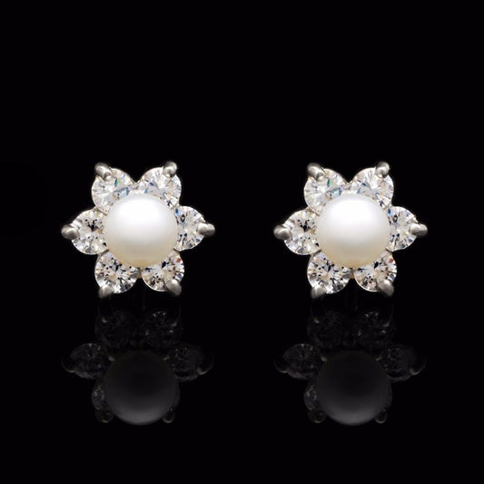 0.30Ct CZ 4mm Cultured Pearl Flower Stud Earrings 14K White Gold