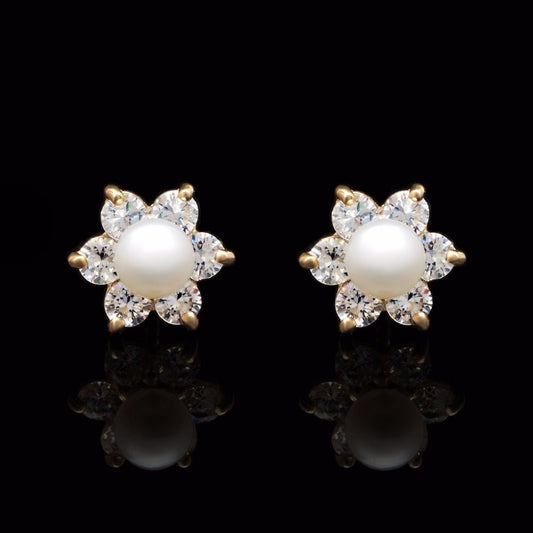 0.30Ct CZ 4mm Cultured Pearl Flower Stud Earrings 14K Yellow Gold