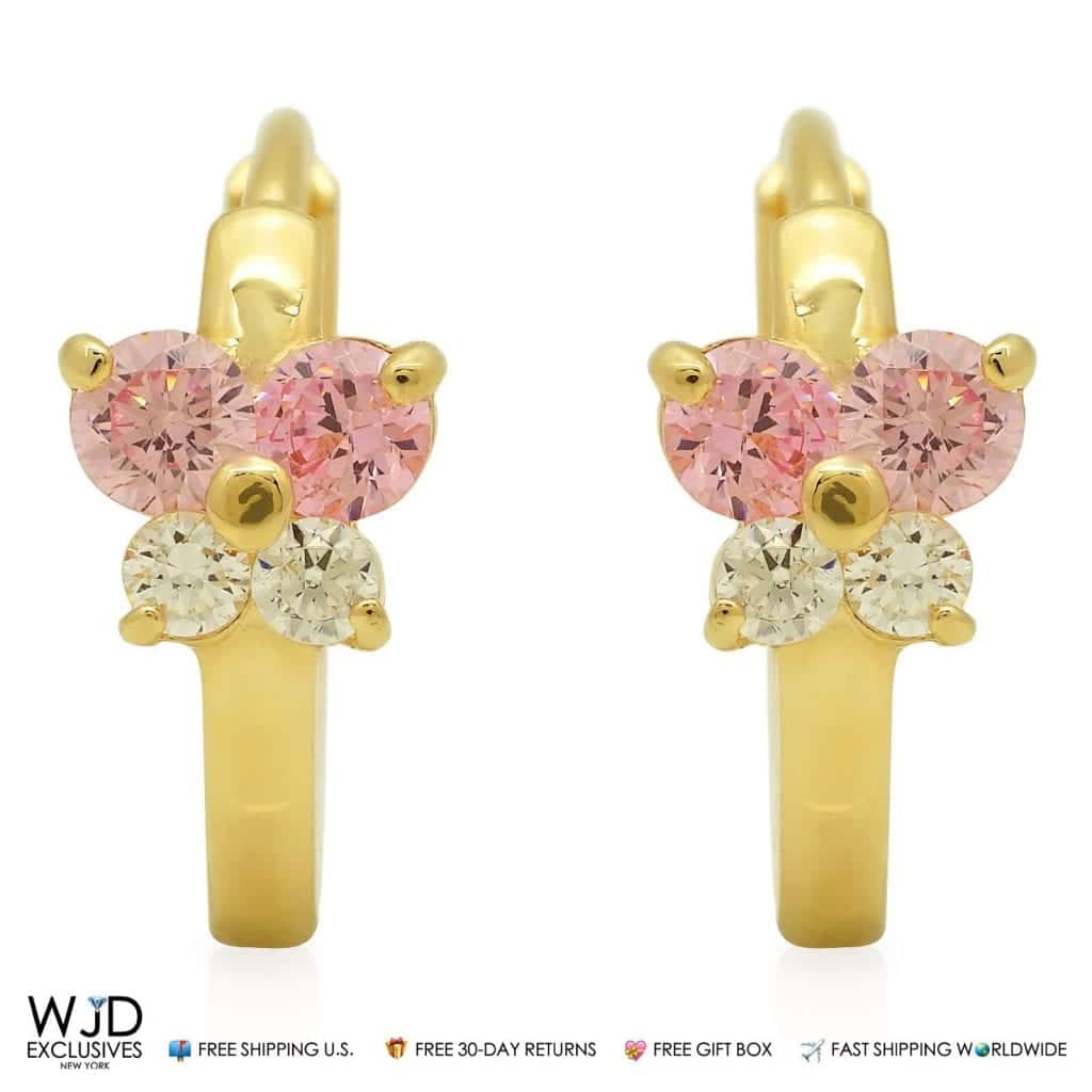 0.30Ct Created Diamond & Pink Tourmaline 14K Yellow Gold Huggie Hoop Earrings