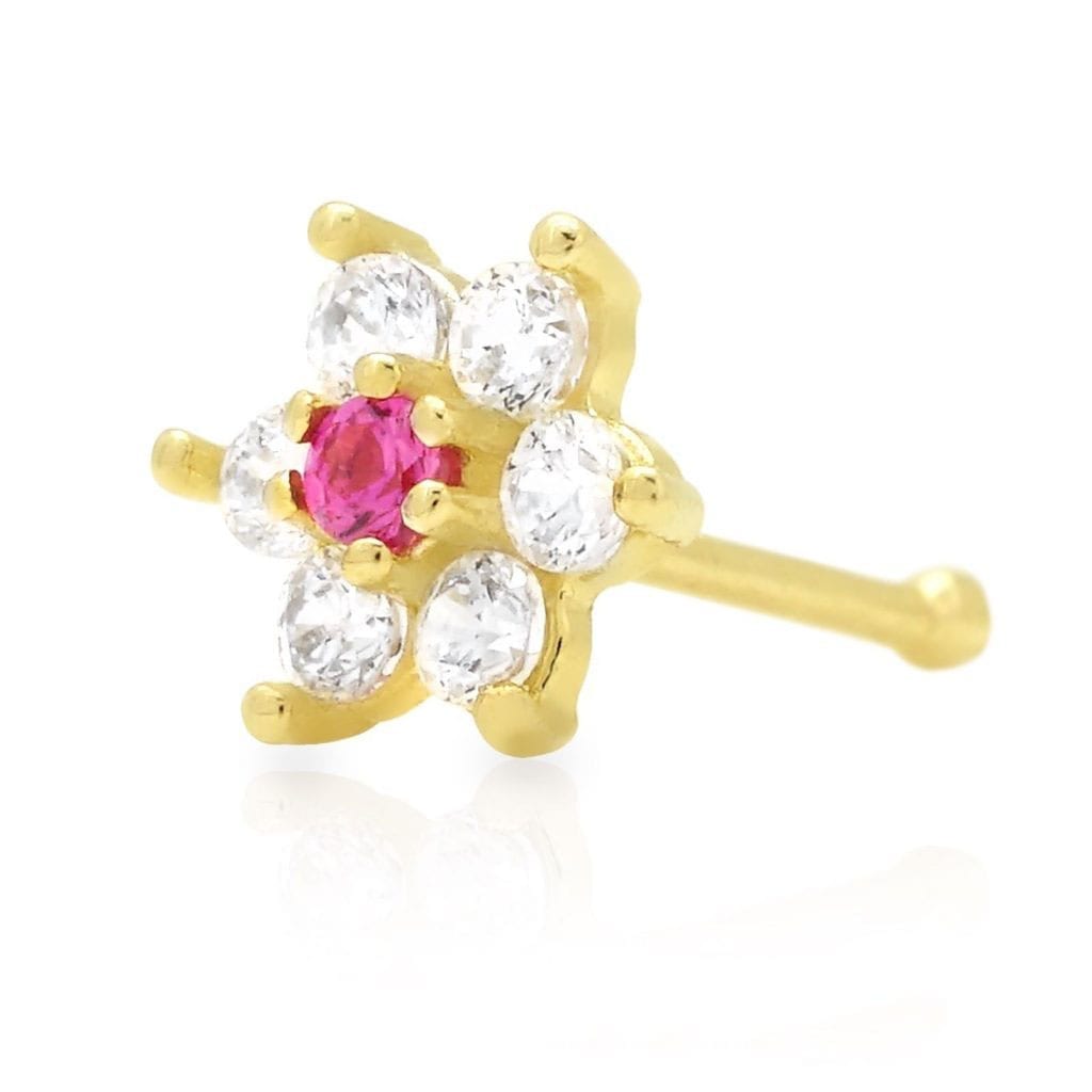 14K Real Gold CZ Ruby Flower Nose Bone Stud Ring
