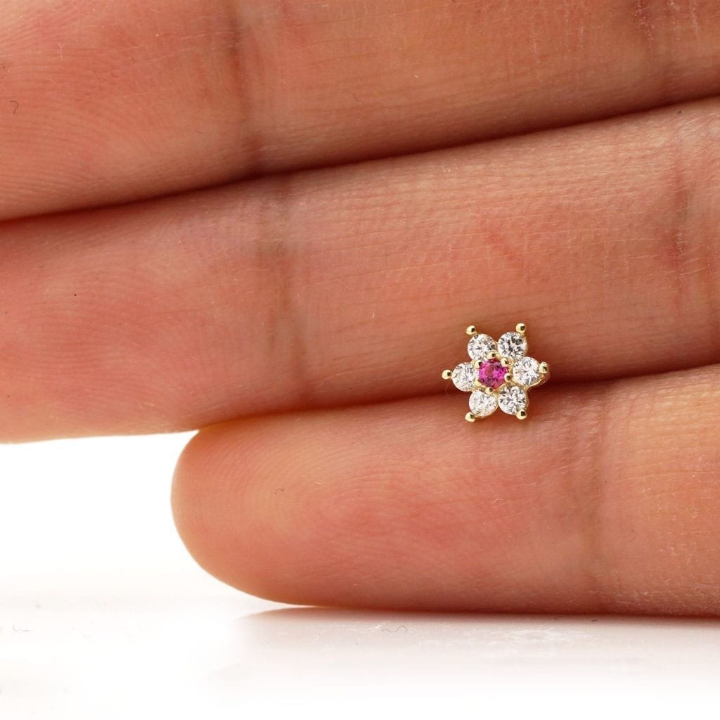14K Real Gold CZ Ruby Flower Nose Bone Stud Ring