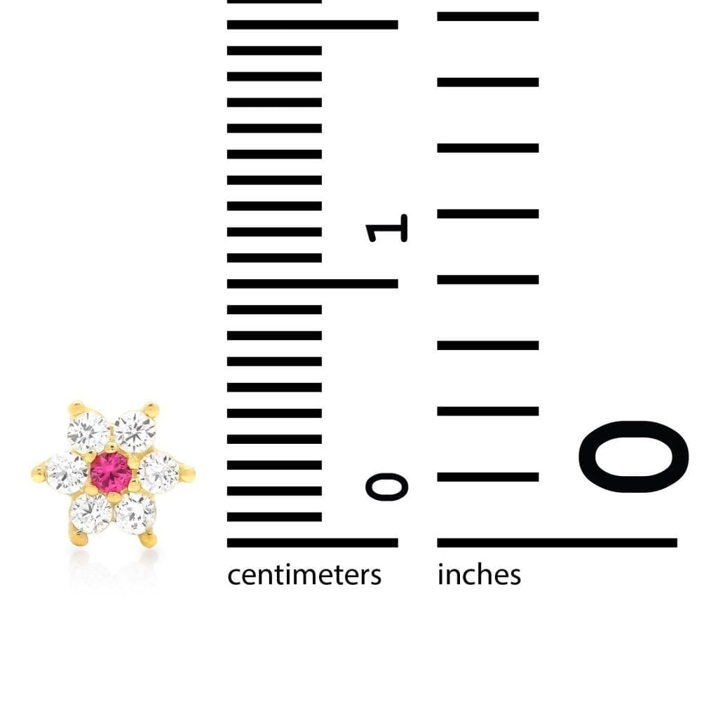 14K Real Gold CZ Ruby Flower Nose Bone Stud Ring