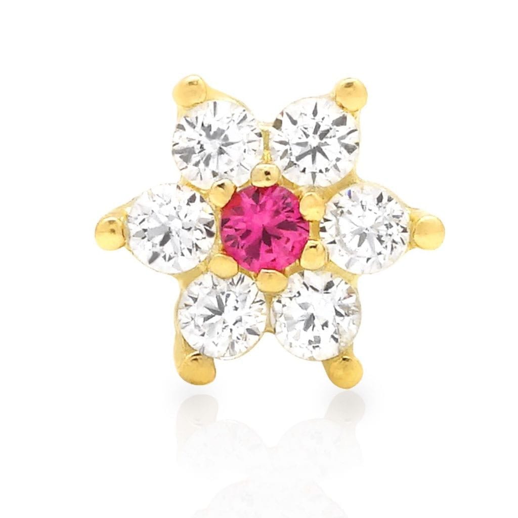 14K Real Gold CZ Ruby Flower Nose Bone Stud Ring