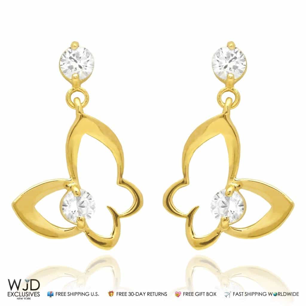 14K Yellow Gold CZ Butterfly Shape Dangle Earrings