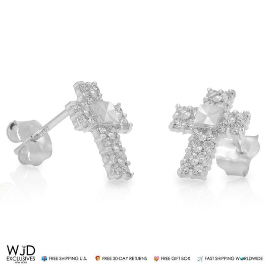 0.40Ct CZ 9mm Diamond-Cut Cross Stud Earrings 14K White Gold