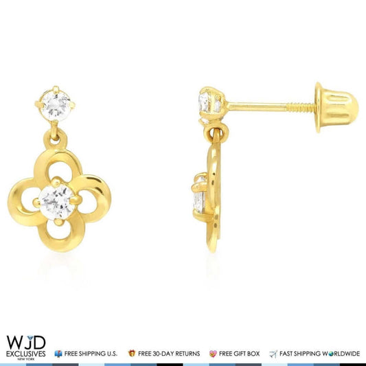 0.40Ct CZ Flower Shaped Dangle Earrings 14K Real Yellow Gold
