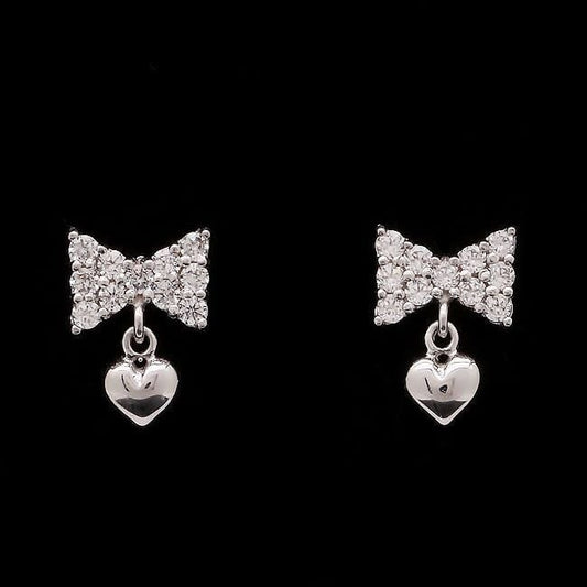 14K White Gold 0.4CTW CZ Bowtie Heart Dangle Earrings