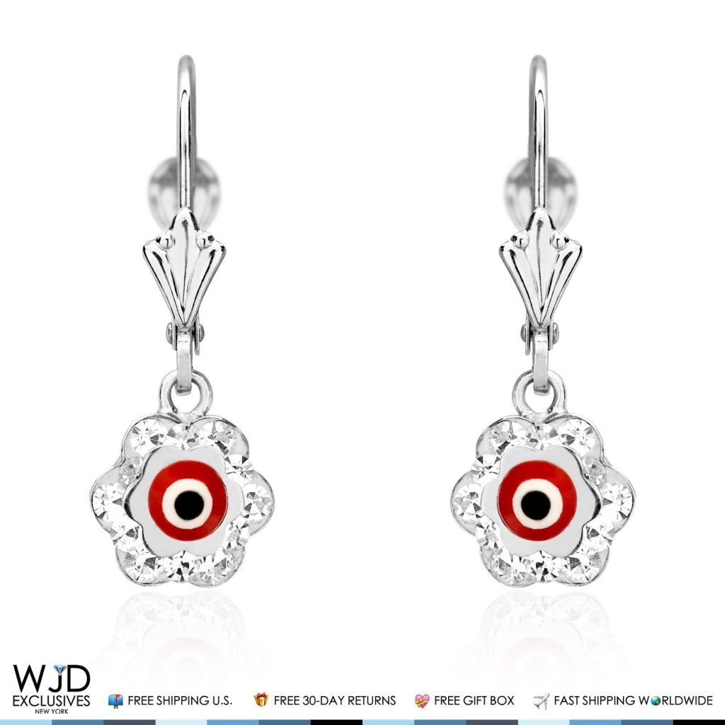 0.50CTW CZ 14K White Gold Red Evil Eye Flower Dangle Earrings