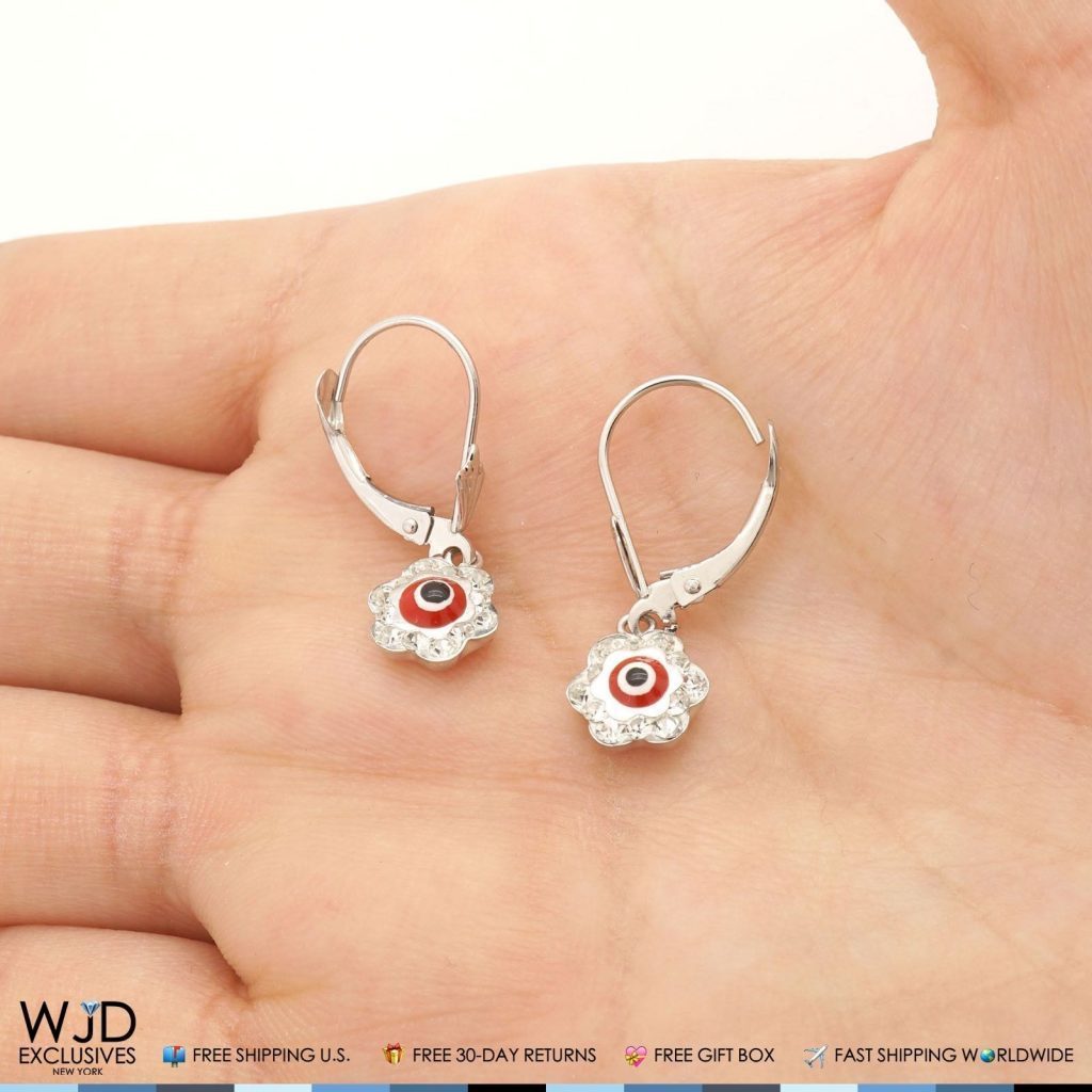 0.50CTW CZ 14K White Gold Red Evil Eye Flower Dangle Earrings