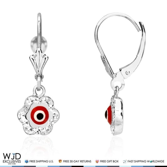 0.50CTW CZ 14K White Gold Red Evil Eye Flower Dangle Earrings