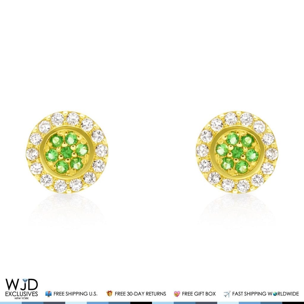 0.50Ct CZ & Peridot Halo Stud Earrings 14K Yellow Gold 7mm