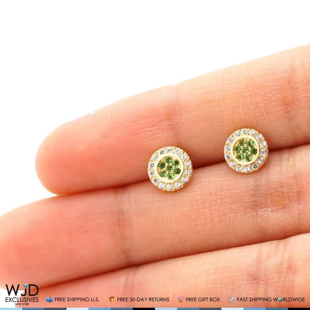 0.50Ct CZ & Peridot Halo Stud Earrings 14K Yellow Gold 7mm