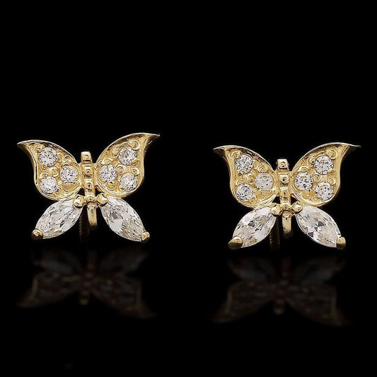 0.50Ct CZ Butterfly Stud Earrings 14K Yellow Gold Screw Back 10mm