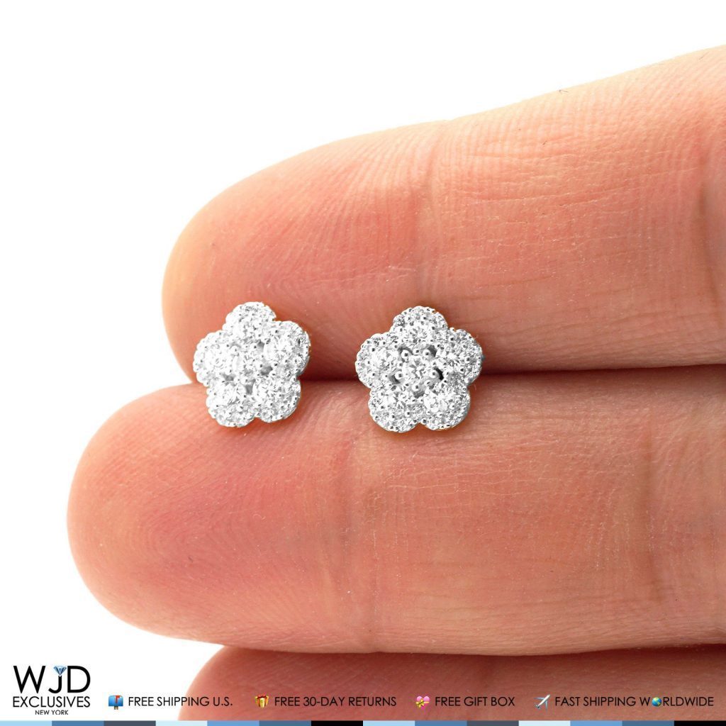 0.50Ct CZ 14K White Gold Flower Cluster Stud Earrings 8mm