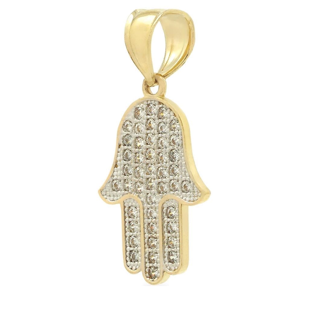 14K Real Gold 0.50CTW CZ Hamsa Hand Of Fatima Charm Pendant 1"