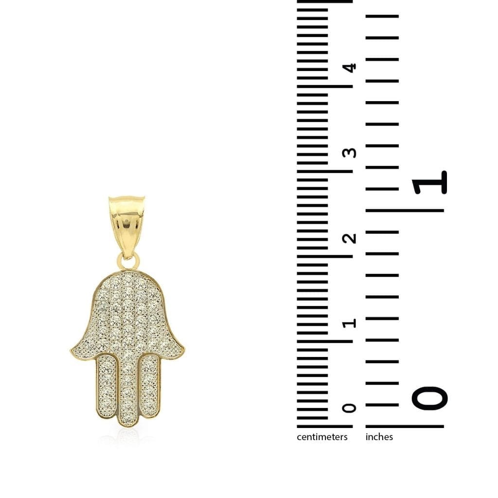14K Real Gold 0.50CTW CZ Hamsa Hand Of Fatima Charm Pendant 1"