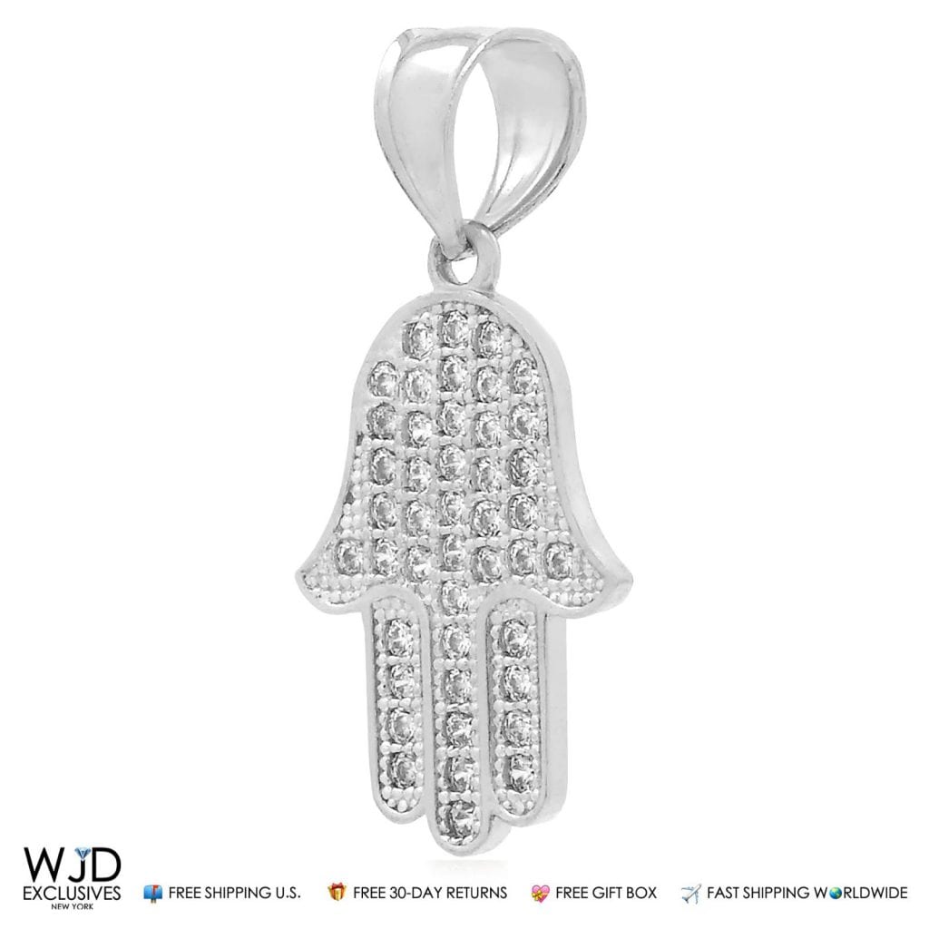 0.50Ct CZ Hamsa Hand Of Fatima Charm Pendant 14K White Gold