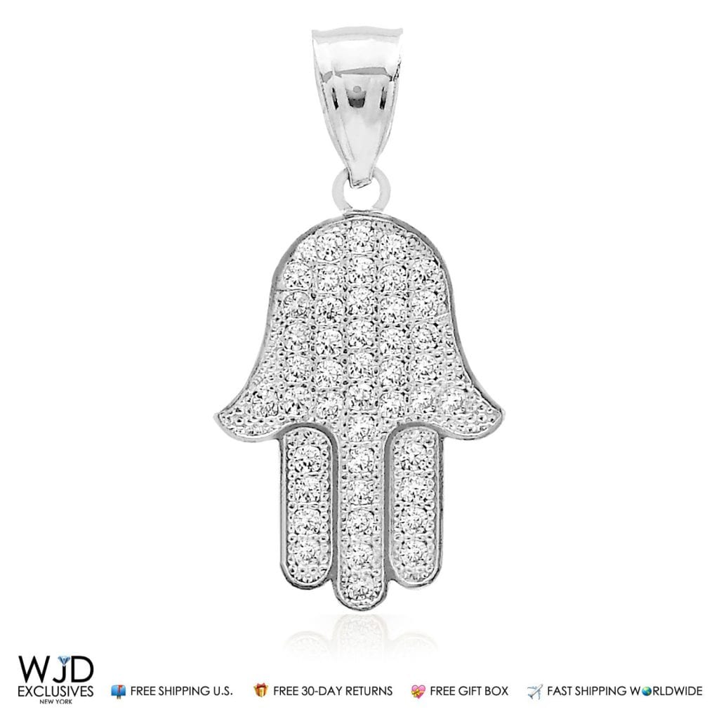 0.50Ct CZ Hamsa Hand Of Fatima Charm Pendant 14K White Gold