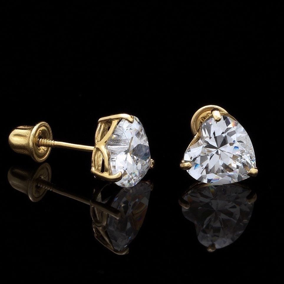 .50CTW CZ Heart 14K Yellow Gold Screwback Stud Earrings 4mm