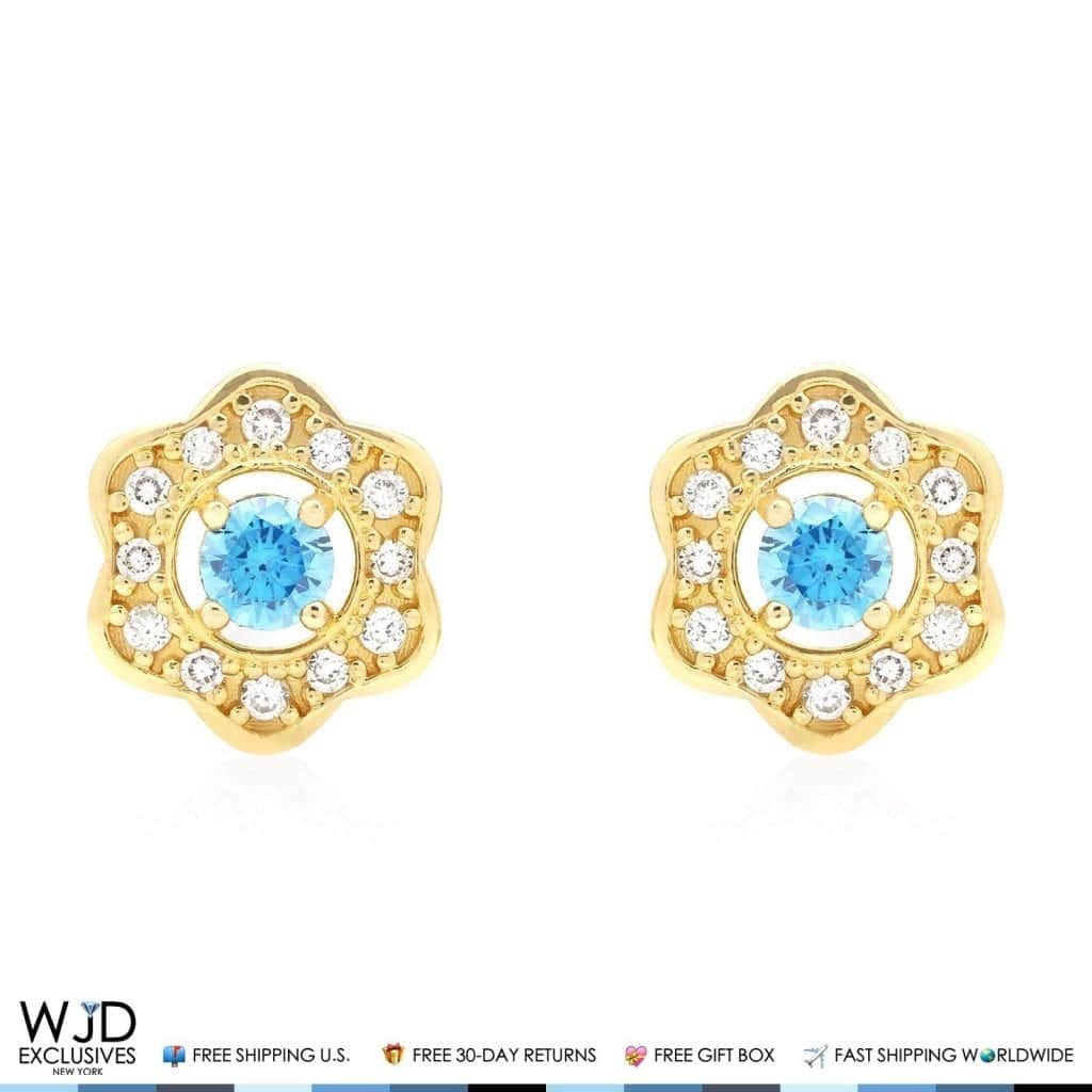 14k Yellow Gold CZ & Aquamarine Flower Cluster Stud Earrings