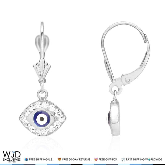 14K White Gold CZ Blue Evil Eye Dangle Leverback Earrings 1"