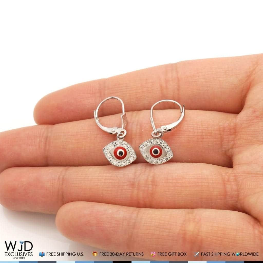 14K White Gold CZ Red Evil Eye Dangle Leverback Earrings 1"