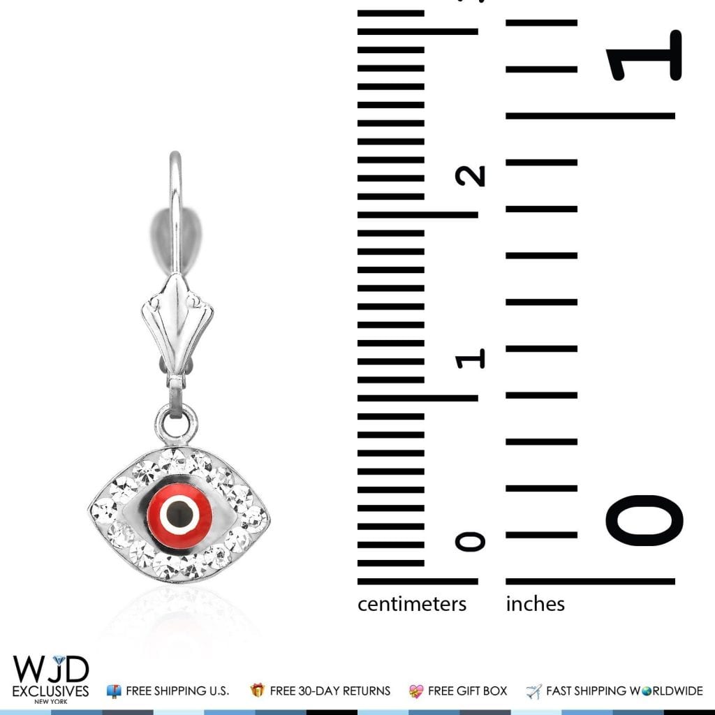 14K White Gold CZ Red Evil Eye Dangle Leverback Earrings 1"