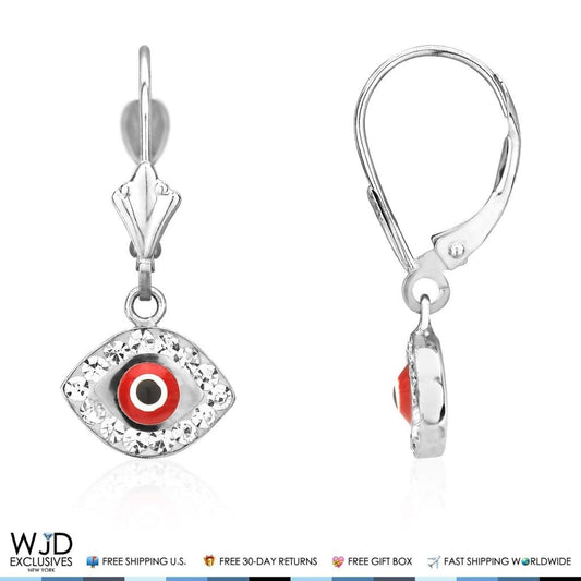 14K White Gold CZ Red Evil Eye Dangle Leverback Earrings 1"