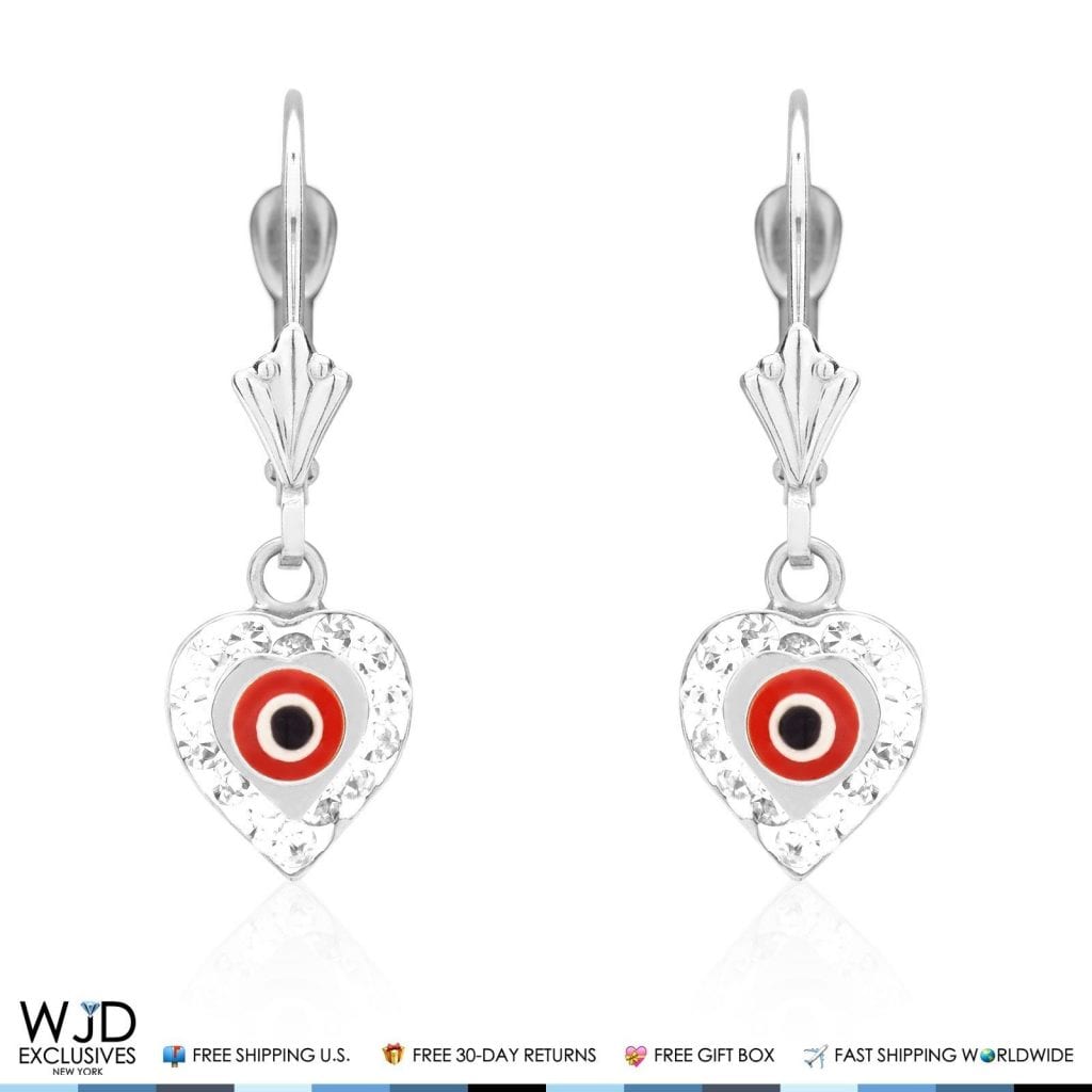 0.60CT CZ 14K White Gold Red Evil Eye Heart Dangle Earrings