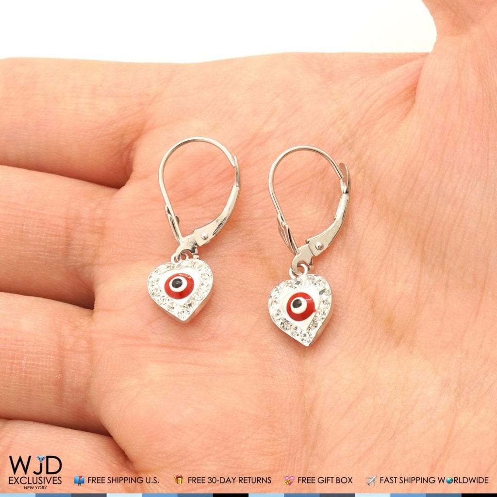 0.60CT CZ 14K White Gold Red Evil Eye Heart Dangle Earrings