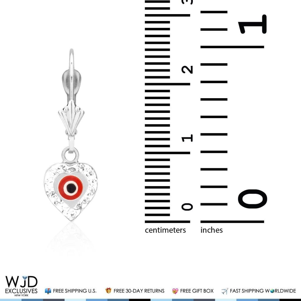0.60CT CZ 14K White Gold Red Evil Eye Heart Dangle Earrings